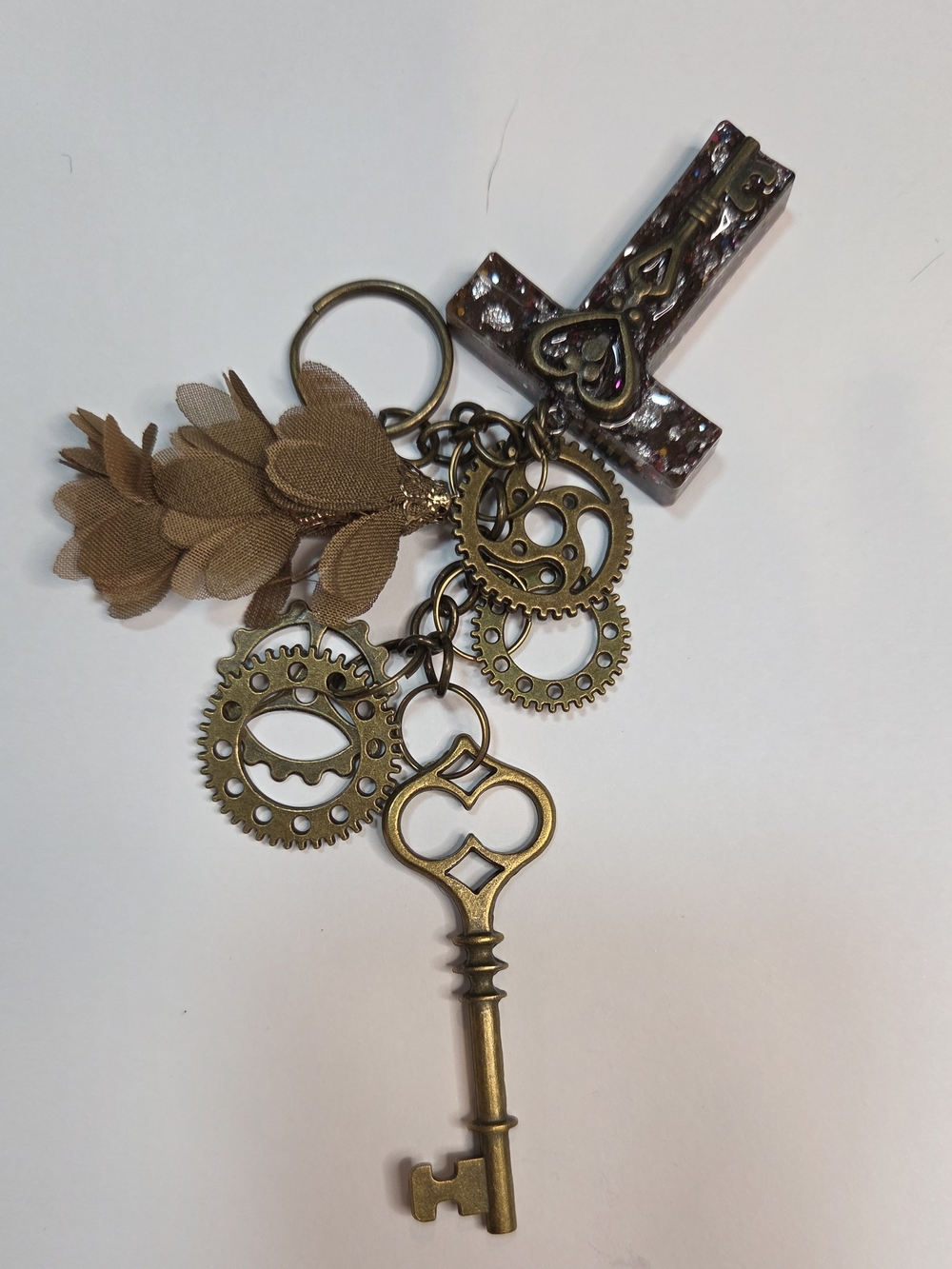 Steampunk-Inspired Brown Resin letter "T" Keychain with Gears, a Key & Tassel - Picture 6 of 9